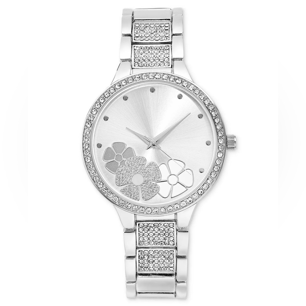 INC International Concepts Silver-Tone Flower Face Design Bracelet Watch